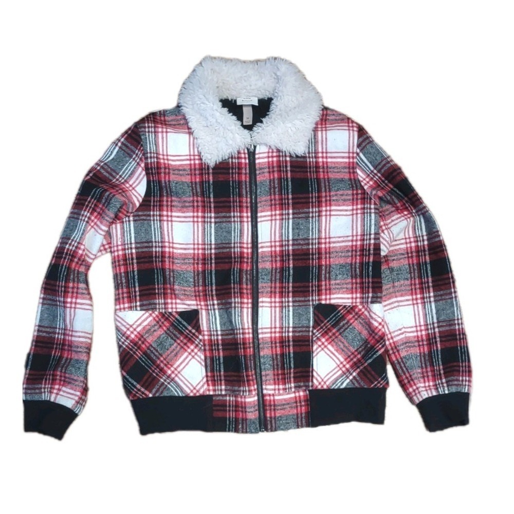 Knox Rose Red Plaid Full Zip Jacket Faux Fur Collar Women's Medium Lightweight